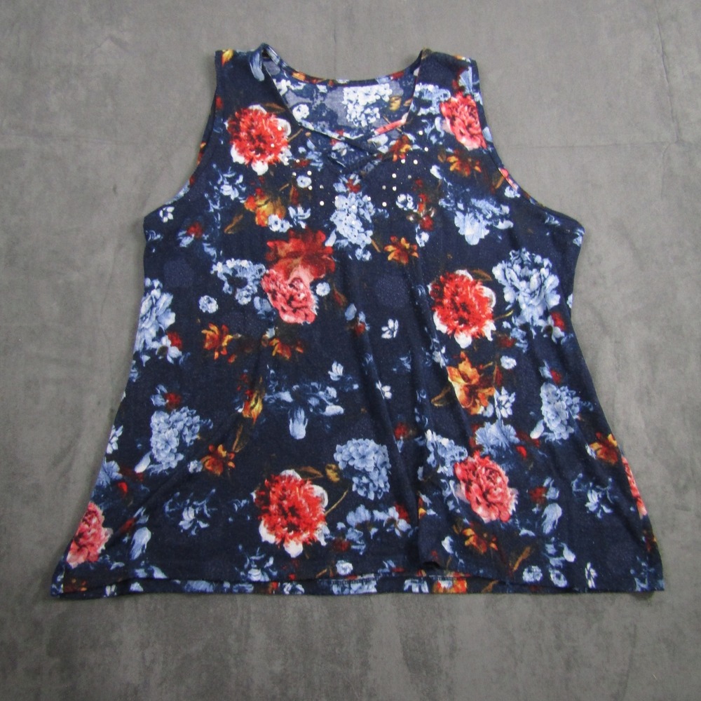 Terra & Sky Tank Top Women XL Blue Floral Lattice Neck Rhinestone Grannycore